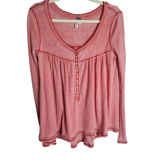 Free People womens waffle knit babydoll Henley thermal shirt sz S oversized - Picture 1 of 8